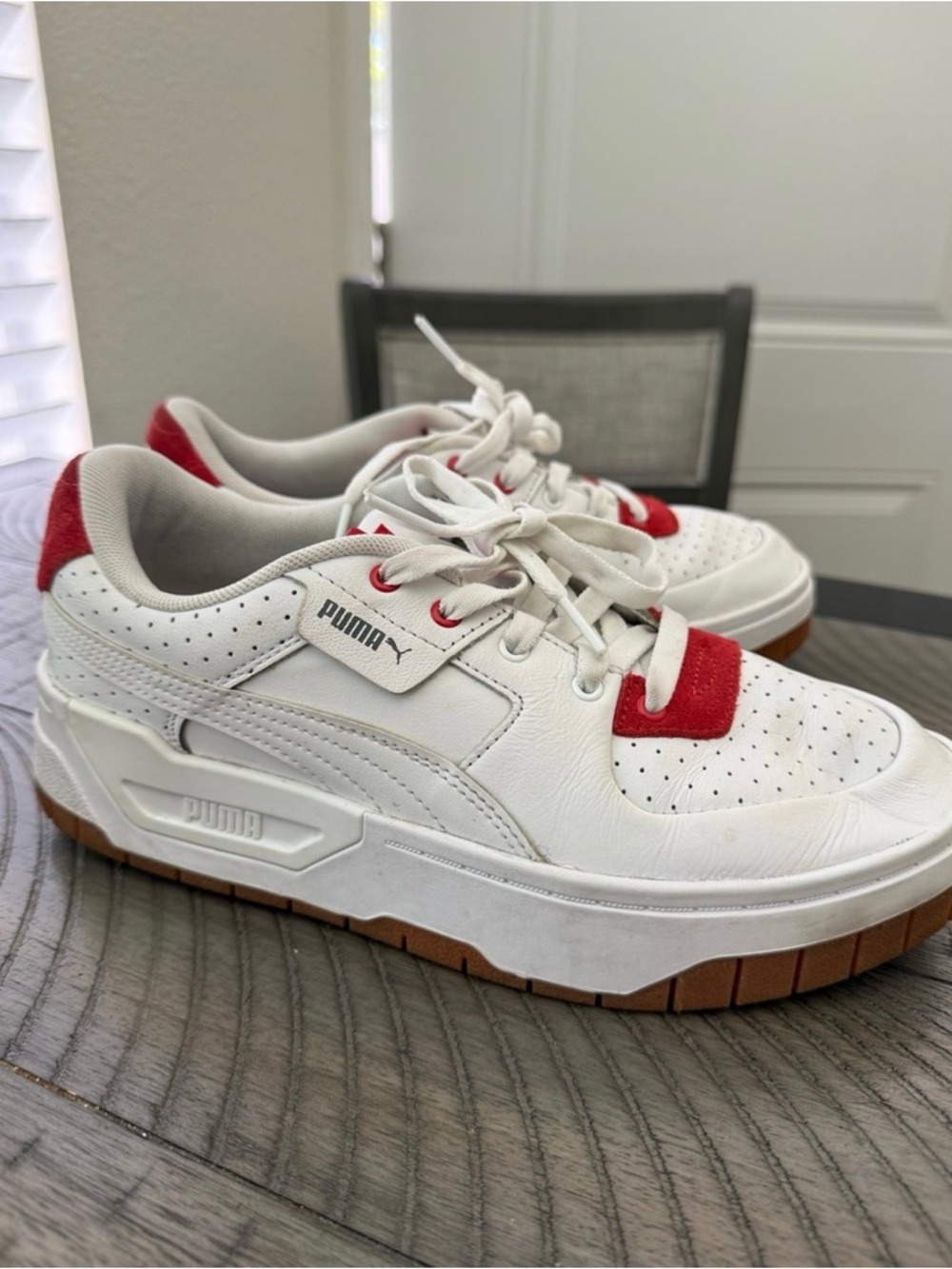 Puma White Leather Sneakers with Red Suede Accents